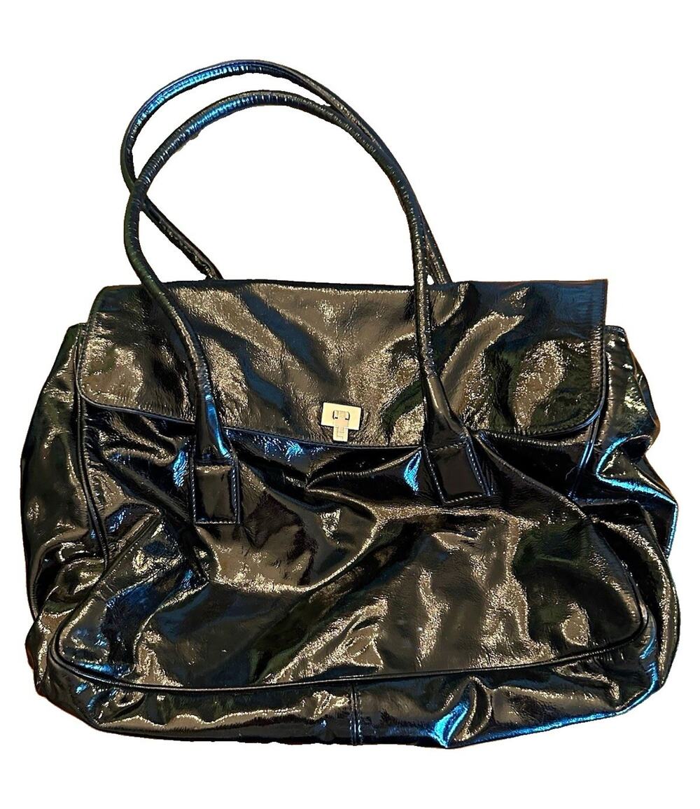 Lambertson Truex Black Patent Tote Bag Magnetic Closure